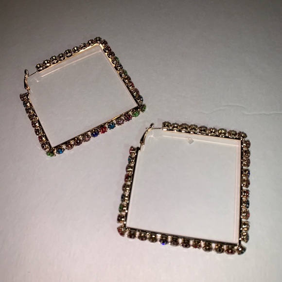 Square Multi Colored Crystal Earrings - Picture 5 of 8